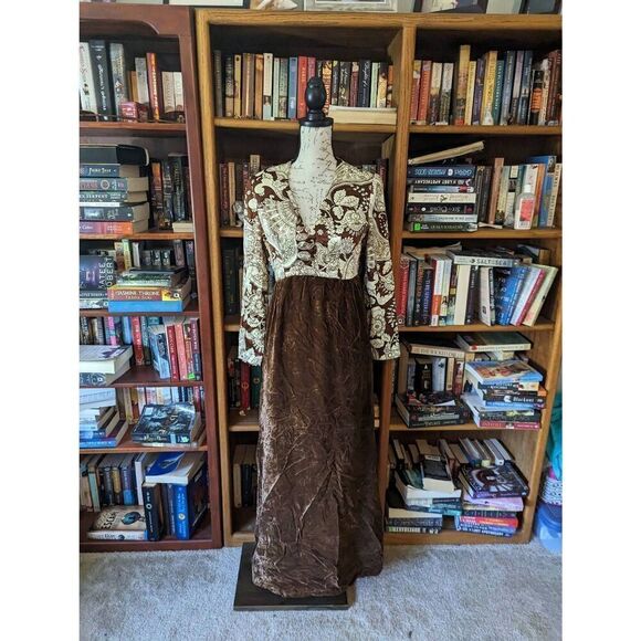 Vintage carols of California 70s satin and brown velvet maxi gown euc sz small - Picture 1 of 8
